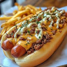 Two beef hotdogs loaded with sauce, cheese and herbs